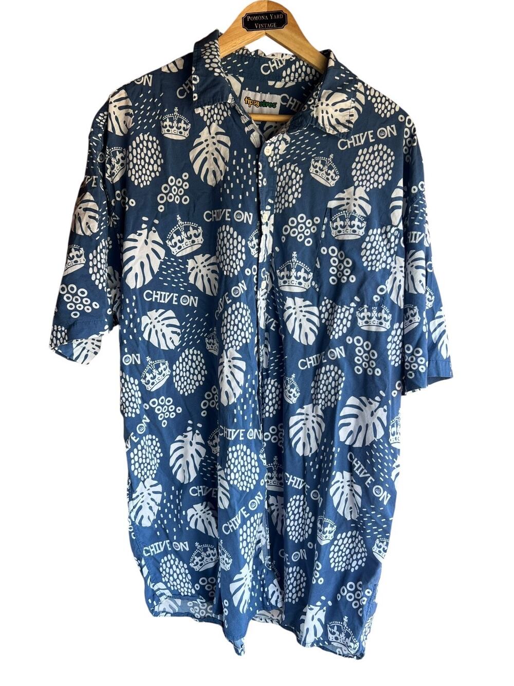 Tipsy Elves Men's Vintage 80s Hawaiian Shirt Leaf Print Blue Size 3XL